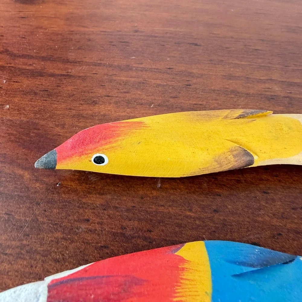 Vintage Hand Painted Wooden Bird Butter Knives Parrot Folk Art Spreaders Set 2